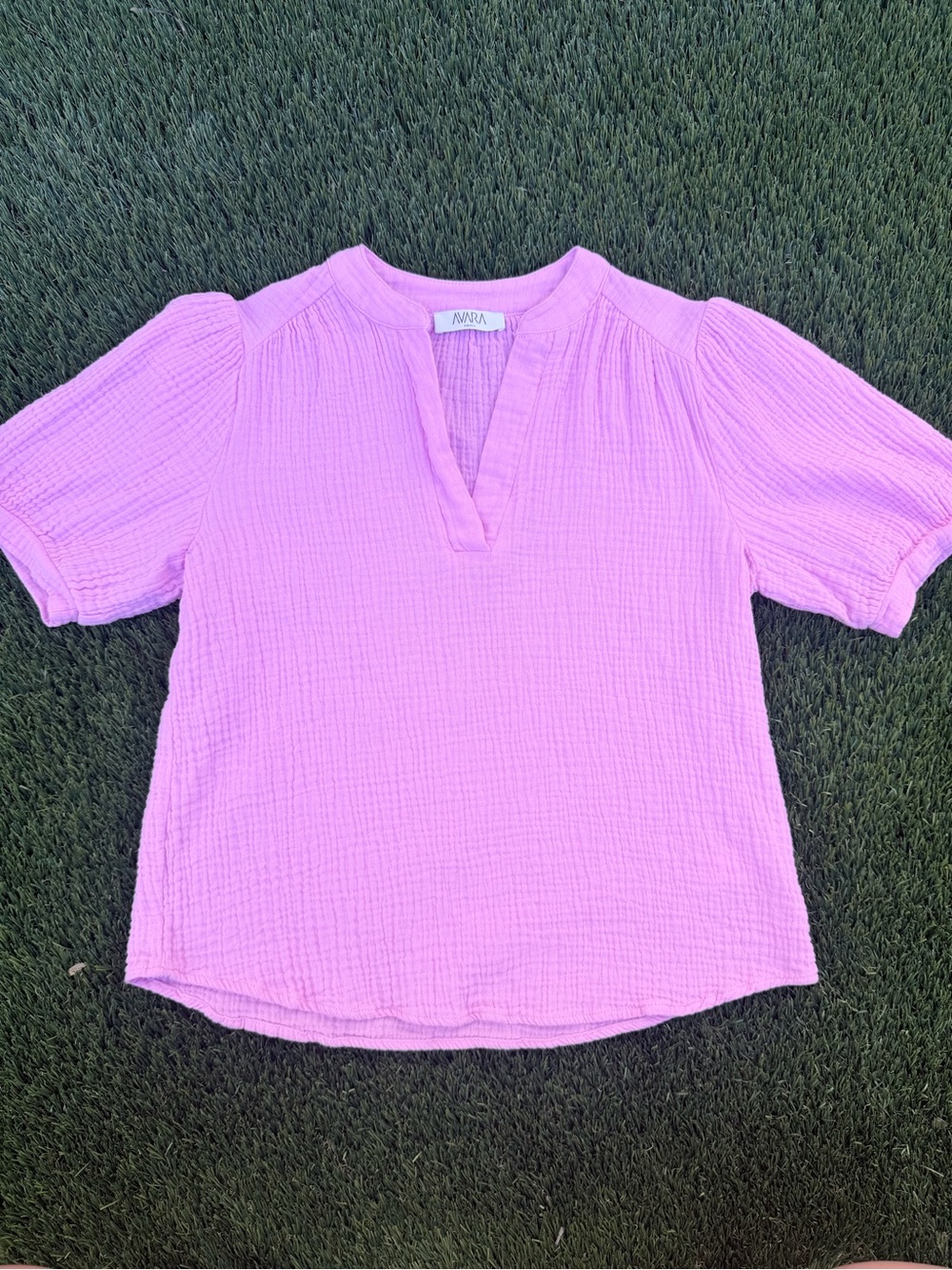 Avara Lilac Pink V-Neck Gauze Puff Sleeve Top
